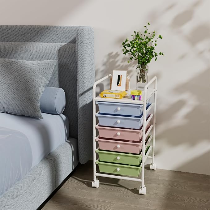 Rolling Storage Cart with Drawers 6-Tier Office Colorful | Utility Cart with 6 Drawers & 2 Lockable Caster Wheels, Multipurpose Mobile Drawer Cart for School Bathroom Kitchen