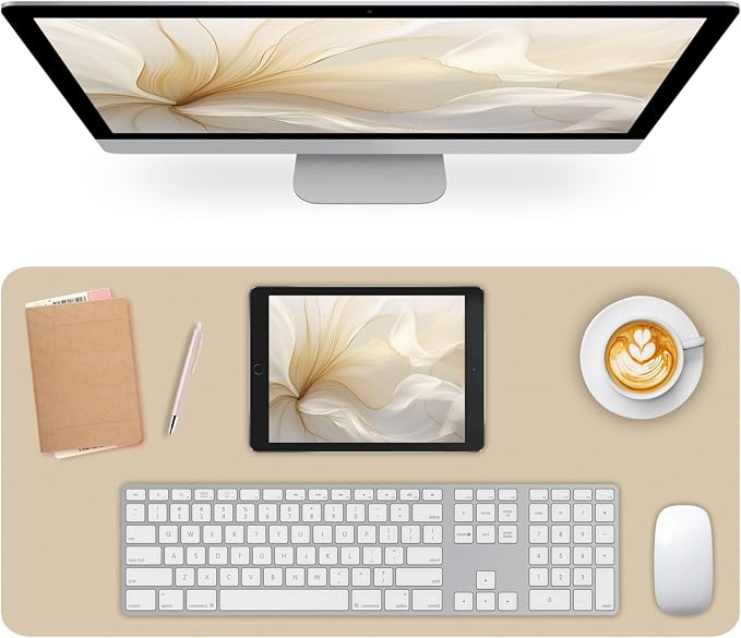 Leather Desk Pad Mat, Beige Desk Mat, 23.6" x 13.7" | Non-slip and Waterproof Computer Mat, Desk Protector for Office/Home, Desk Accessories