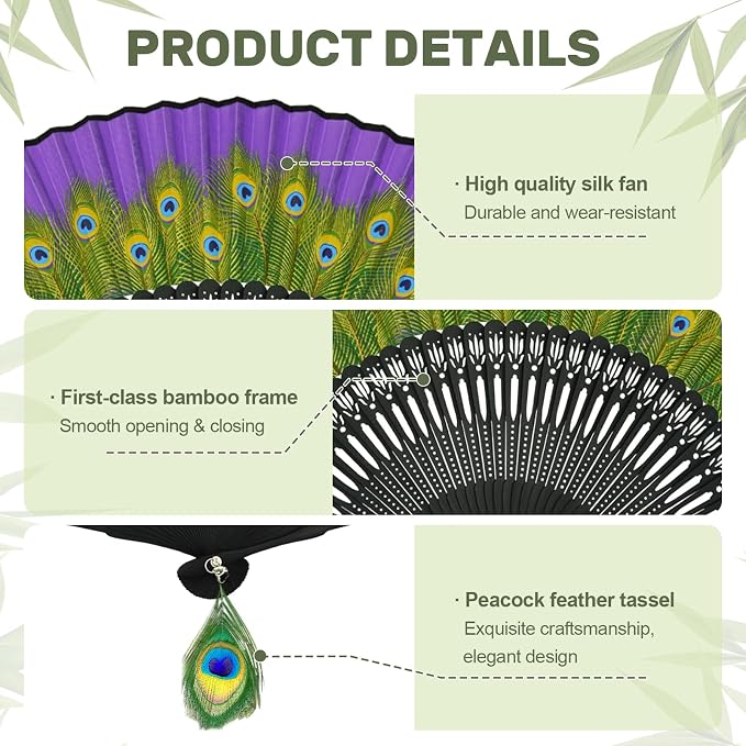 EOSAU Hand Fans for Women Foldable - Bamboo Silk Folding Fan Handheld, Fans for Line Dancing Wedding, Portable Bridal Party Favor, Elegant Church Performance Gift (Peacock Purple)
