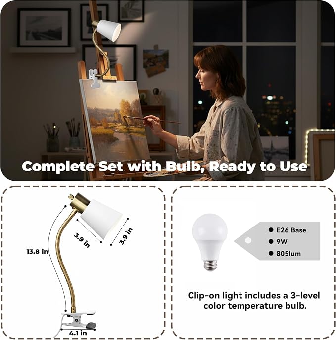 Desk lamp Eye-Caring Table Lamps, 360°Rotation Gooseneck Clip on Lamp Reading Light, Portable Reading Book Light, Clamp Light, Study Desk Lamps for Bedroom and Office Home Lighting (Black and White)
