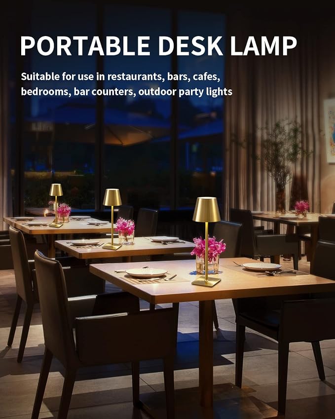 KDG 2 Pack Cordless Gold Table Lamps, Rechargeable Portable LED Desk Lamps | 4000mAh Battery Operated 3 Color Stepless Dimming Up for Restaurant, Bedroom, Outdoor Party, Camping, Coffee Shop, Nightlight
