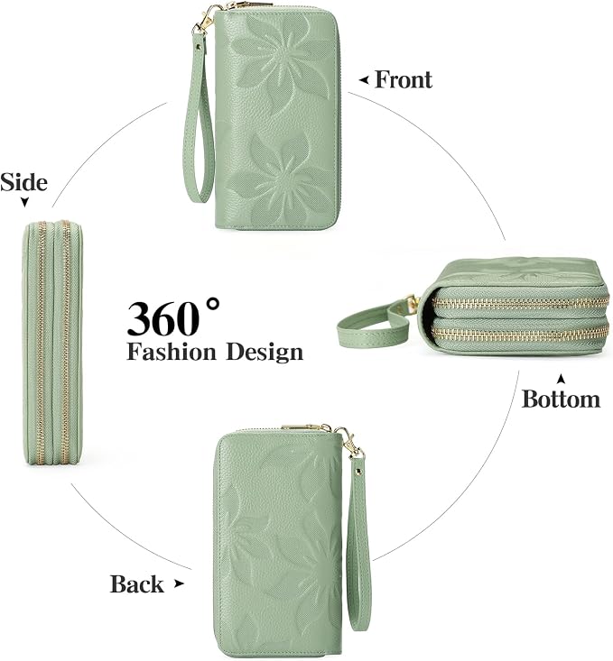 GOIACII Women's Wallet Large Capacity Double Zip Ladies Card Phone Holder RFID Blocking Wristlet Leather