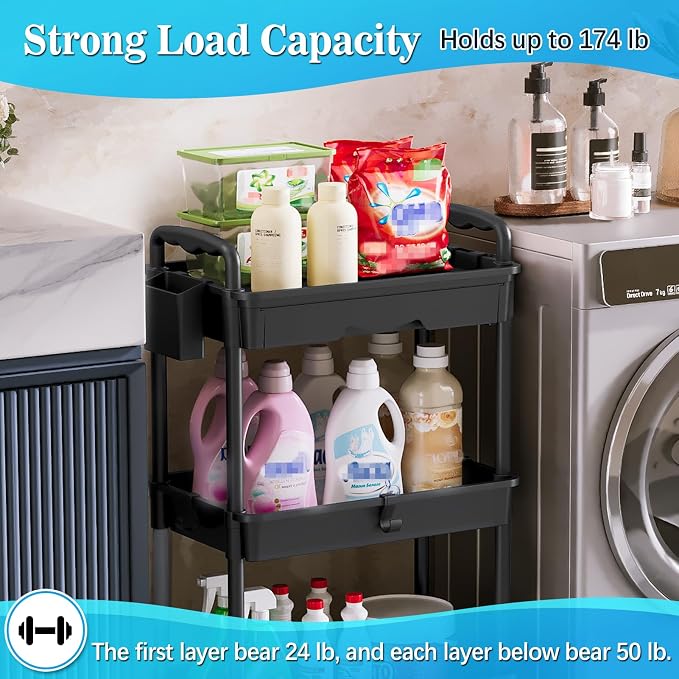 SUNALLY 3 Tier Rolling Cart with Drawer, Craft Storage Cart Organizer,Black | Bathroom Storage Organizer with 2 Lockable Wheels, Rolling Utility Cart for Kitchen, Office, Baby, Makeup, Nail,Snack,Laundry