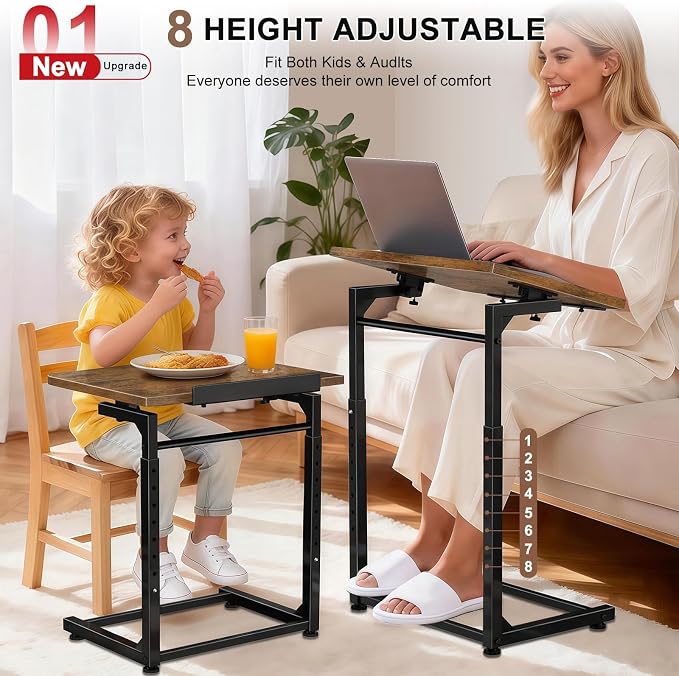 IHAITUN Tv Tray Table, Adjustable Height Couch Narrow Side Table,90° Tilt Angle Foldable End Table, Laptop Table with Phone & Tablet Slot Dinner Tray Desk for Living Room Table Sets (Brown)