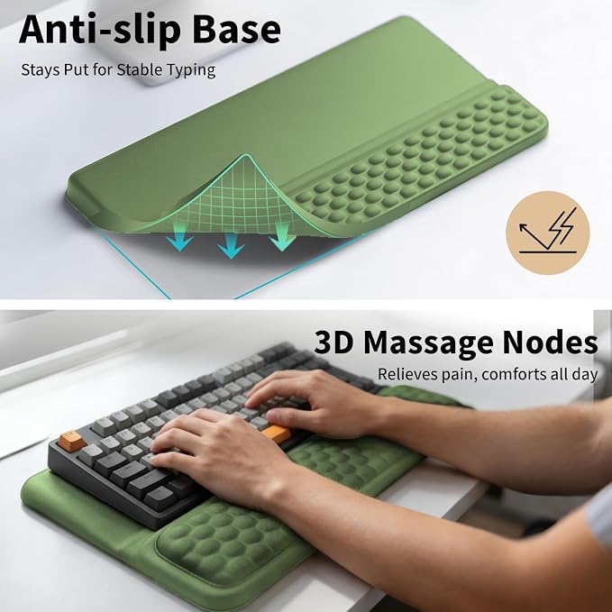 Wrist Rest with Keyboard Stand, Computer Wrist Support Pad, Ergonomic Keyboard Riser Hand Rest Soft Memory Foam Cushion Holder Gaming Typing Desk Accessories for Office Home School（Green）