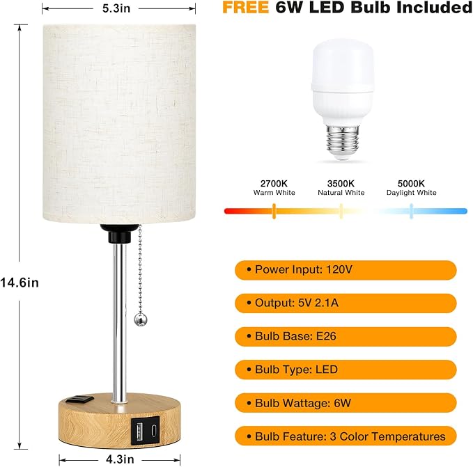 Small Bedside Table Lamp for Bedroom, Desk Lamp with USB Ports for Dorm | USB A+C Ports, AC Outlet, 3 Color Temperatures, LED Bulb Included, Linen-Fabric Shade, Wood Grain Base, 14" Night Stand Lamp
