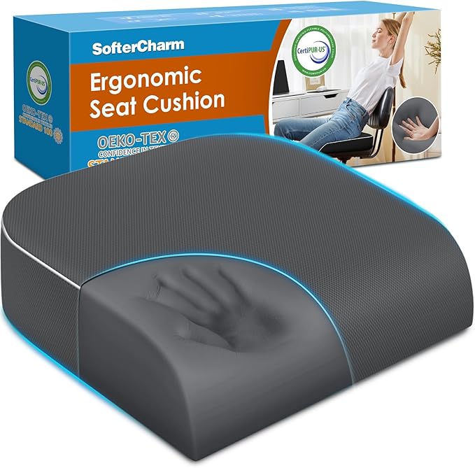 Seat Cushion, Memory Foam Office Chair Cushions for Long Sitting Hours, Chair Pad for Sciatica, Coccyx, Tailbone, Hip Pain & Pressure Relief, Office, Home, Car Seats,Airplane, Gray/X-Large