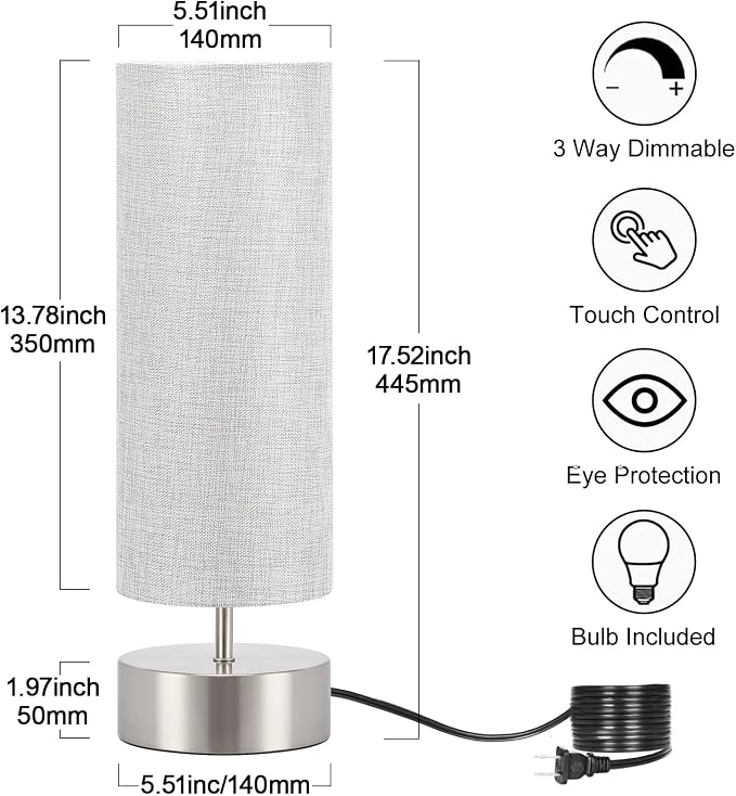 Bedside Touch Lamp, 3 Way Touch Control Table Lamp, Modern Nightstand Lamp | Silver Base with Gray Cylinder Shade, Simple Dimmable Night Light for Bedroom Living Room Kitchen, LED Bulb Included