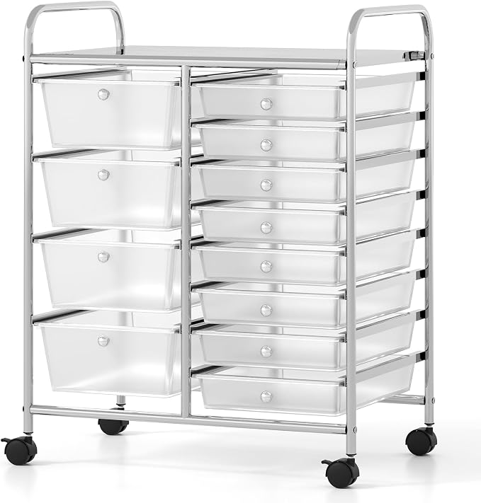 COSTWAY 12 Drawer Rolling Storage Cart, Utility Cart with Metal Frame | Mobile Art Supply Craft Organizer, Multipurpose Storage Organizer for Paper, Office, School Teacher, Classroom, Transparent