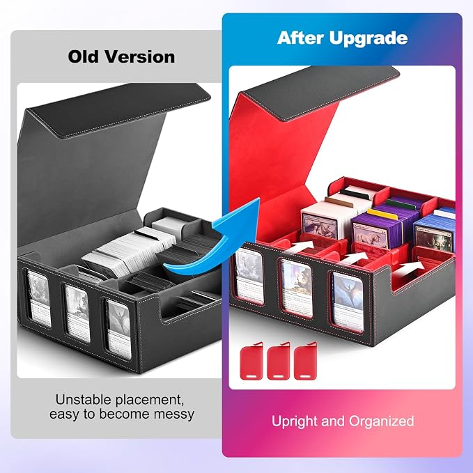 UAONO Card Storage Box for Trading Cards, 1800+ Commander Deck Box for MTG with Display Window, Toploader Card Case fits Magic TCG PTCG Sports Cards; 10 Removable Divider, 3 Stoppers (Black, Red)