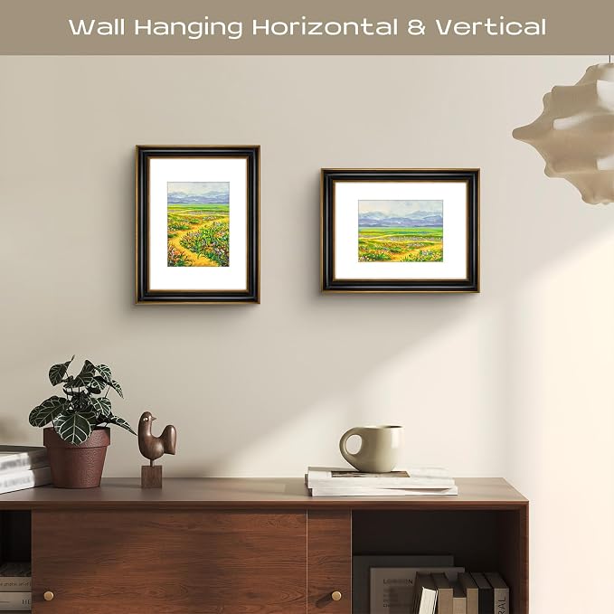 Golden State Art, 9x12 Photo Frame With Mat for Pictures 6x8 and Real Glass (Black With Antique Gold Trim - White Color Mat, 1.25 Inch Frame Border)
