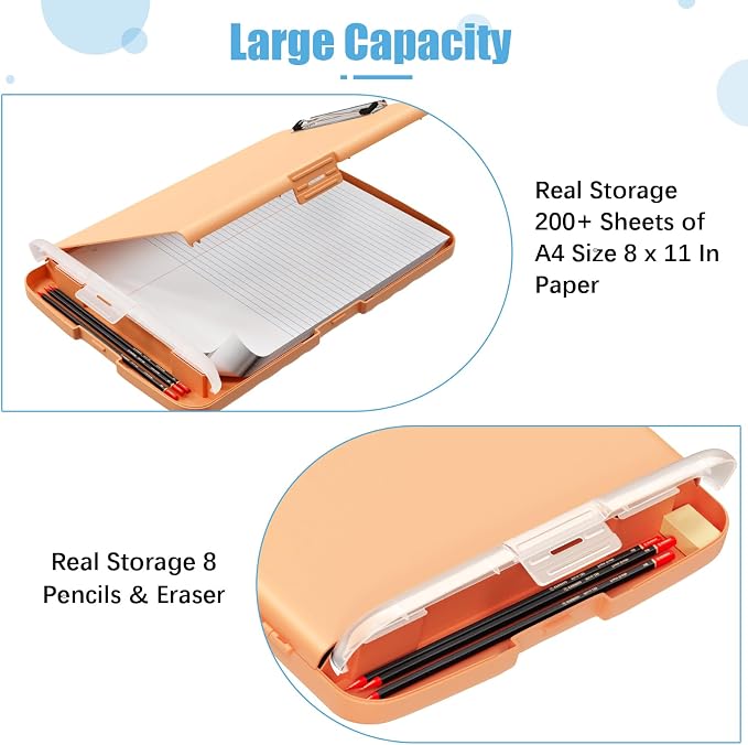 Hongri Clipboard with Storage with Pencil Case, 8.5 x 11 Storage Clip Board | High Capacity Organization Box for A4 Letter Legal Paper, Heavy Duty Folio & Side-Opening for Nurses, Teachers, Light Orange