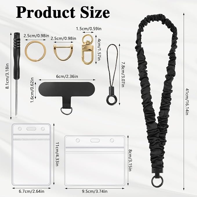 Prudiut Scrunchie Lanyards for ID Badges Retractable Teacher Lanyard Black Stretchy Scrunchie Lanyard with ID Holder (Black Metal Key Ring)