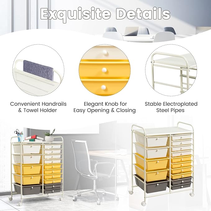 COSTWAY 15 Drawer Rolling Storage Cart, Mobile Storage Organizer | Removable Drawers & Metal Frame, Multipurpose Utility Tools Paper Organizer on Wheels for Home, Office (Yellow, Beige & Grey)