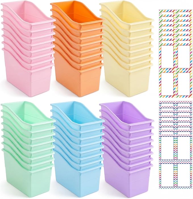 Blosssound 48 Set Book Bins for Classroom Stackable,Pastel | Plastic Baskets with Labels, Slanted Front, Library Supplies Organizers, Desktop Storage Bins, Teachers Home School Use
