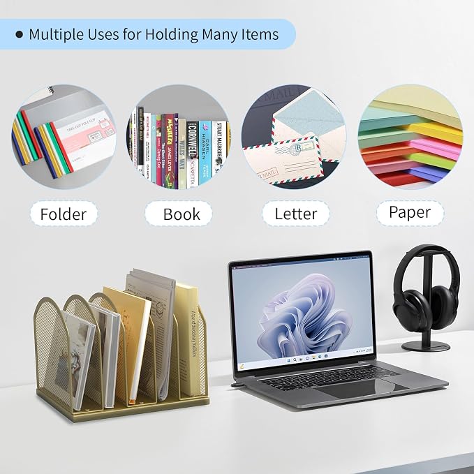Gawerk 5-Section Vertical Desktop Organizer, 5-Section Mesh File Folder Stand Sorter for Office Home Classroom Organization