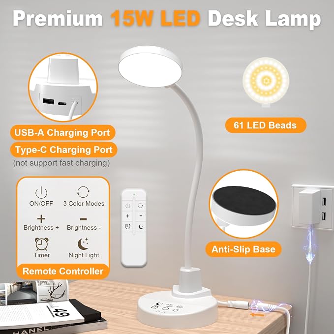 15W LED Desk Lamp with USB Charging Ports, [Button & Remote Control] Dimmable Table Lamp with 3 Color Modes, 5 Brightness Levels, 4 Timers, Flexible Reading Light for Home Office, Bedroom, Kids Study
