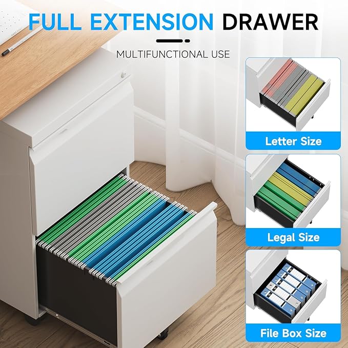 2 Drawer Mobile File Cabinet with Lock, Rolling File Cabinet with Wheels | Metal Small Filing Cabinet with Wheels for Home Office Storage, Fits Legal/A4/Letter/Document Size, Required Assembly, White