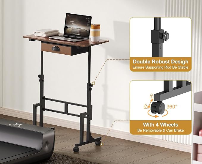 Adjustable Height Standing Desk With Drawer, Rolling Sit Stand Up Desk With Wheels, Small Sit To Stand Computer Desk, Adjustable Desktop Height, On Wheels, Brown, For Walking Pad Laptop Treadmill