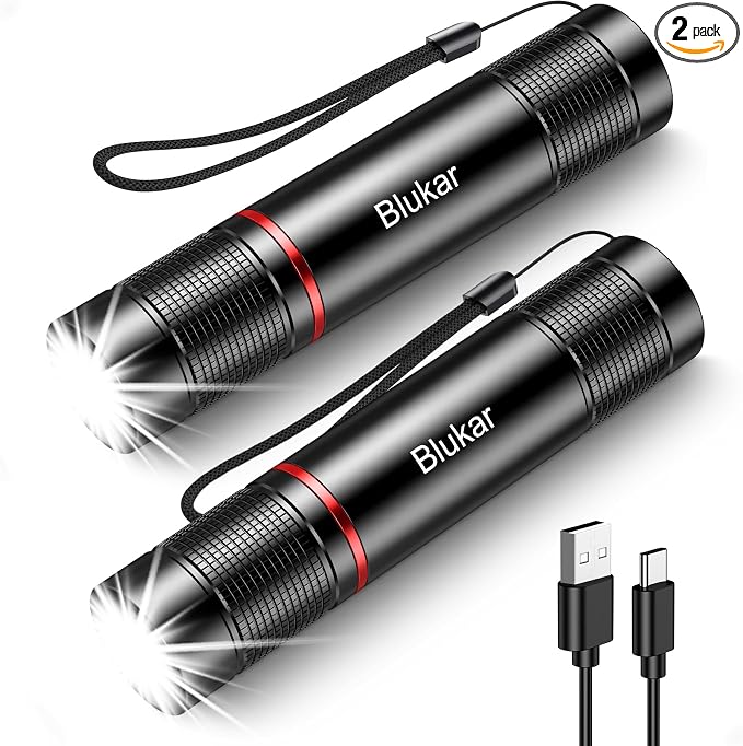 Blukar Rechargeable Flashlight 2 Pack, High Lumens Flashlight, Super Bright Small LED Flash Light- Zoomable, Adjustable Brightness, Long Lasting for Camping, Outdoors and Home Emergency