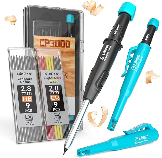 Nicpro Carpenter Pencil with Sharpener, CP3000 Carpenter Mechanical Pencils with 19 Refill, Deep Hole Marker for Construction, Heavy Duty Construction Pencil, Woodworking Tool for Marking - Blue