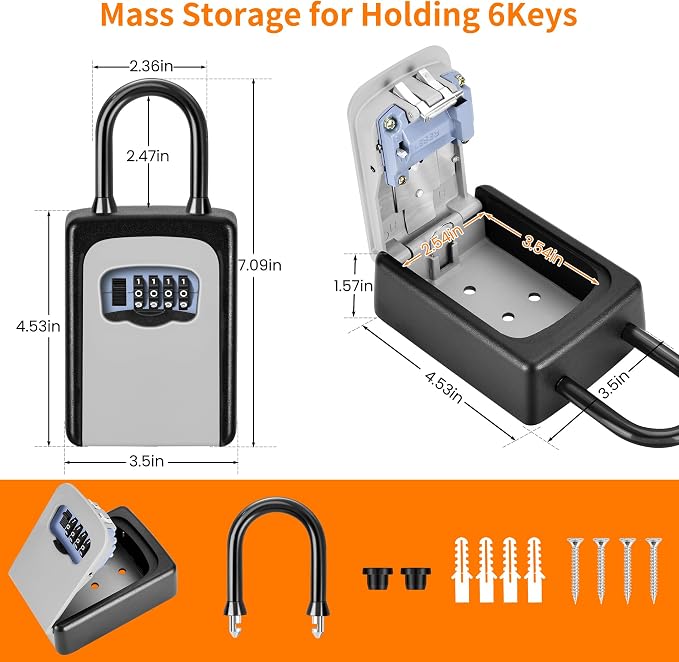 Portable Key Lock Box, Upgrade Clearly Visible Numbers, Lock Box Wall Mounted for House Key, 5 Key Capacity, Weatherproof Resettable Code (4 Pack, Grey)