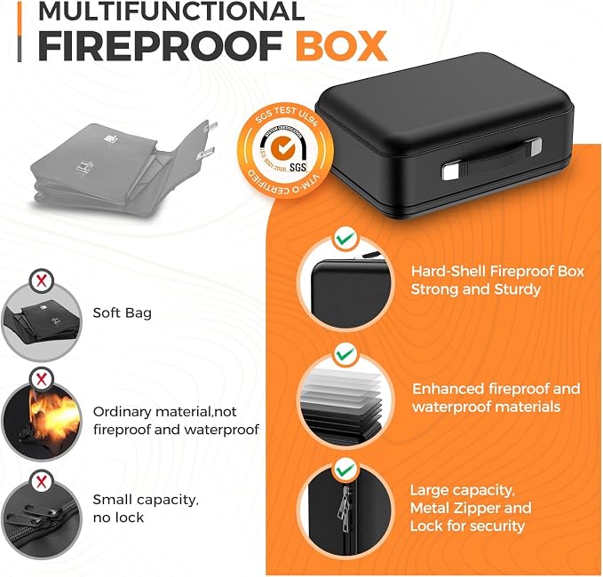 Fireproof Document Box, Waterproof Safe Box with Combination Lock | Upgraded Fireproof, Water-Resistant Document Organizer Box with Multi-Compartment Storage for Home, Office, and Travel Use