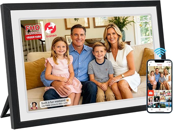 21.5inch FRAMEO Digital Photo Frame with 1920x1080 FHD IPS LCD Touch Screen, Dual-WiFi Share Moments via Frameo, 32GB Storage, USB Drive/SD Card Extend Storage, Auto-Rotate, Wall Mountable with VESA
