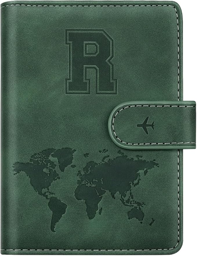 Passport Holder Wallet Cover Personalized Initial Travel Essentials | Embossed Letter A-Z Design, Travel Wallets, RFID Blocking, Passport Book Holders, Women Men, Personalized Gifts, Green-R