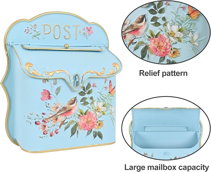 BIG FORTUNE Wall Mount Mailbox for House Outside Vintage Metal Door Mailbox Antique Style Nostalgic Charm Home Decor Garden Vintage English Cottage Decor Flower Patter(Blue)