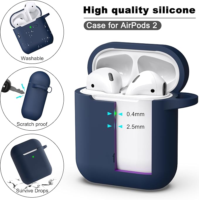R-fun for AirPods 1/2 Case, Soft Silicone Protective Cover with Keychain and Cleaning Pen, Compatible with AirPods 2nd/1st Generation (2016/2019), Full Drop Protection Cover, Midnight Blue