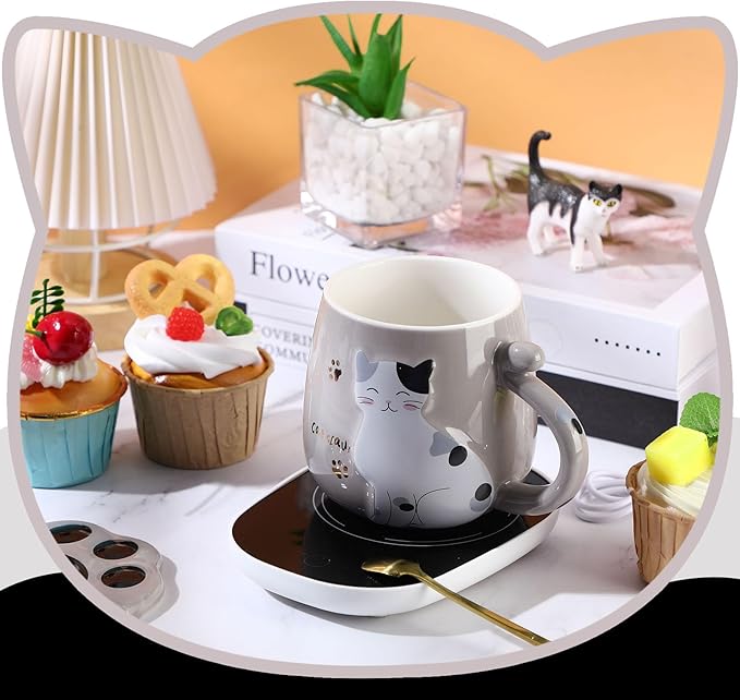 Honeydak Coffee Mug Warmer Cute Cat Mug Set Cup Warmer for Women Heated Coffee Warmers for Mom Home Office Desk Valentine's Day Anniversary Birthday Gifts(Cat,Gray)