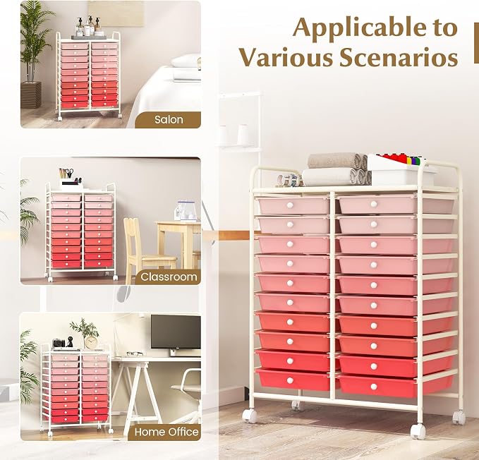 RELAX4LIFE 20 Drawer Rolling Storage Cart, Mobile Rolling Cart w/Drawers for School Classroom Teacher Office Home Salon, Paper File Art Supply Craft Organizer, Utility Cart on Wheels (Gradient Pink)