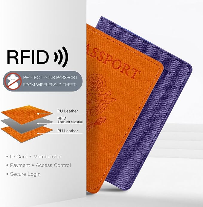 2 Pack RFID Passport Holder, Travel Gifts, Travel Accessories - Orange&Purple