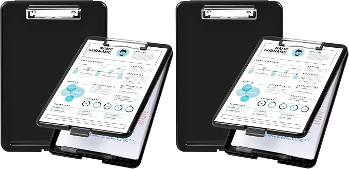 Amazon Basics Sturdy Plastic Storage Clipboard for School & Office Supplies, Lightweight, Black, 4-Pack