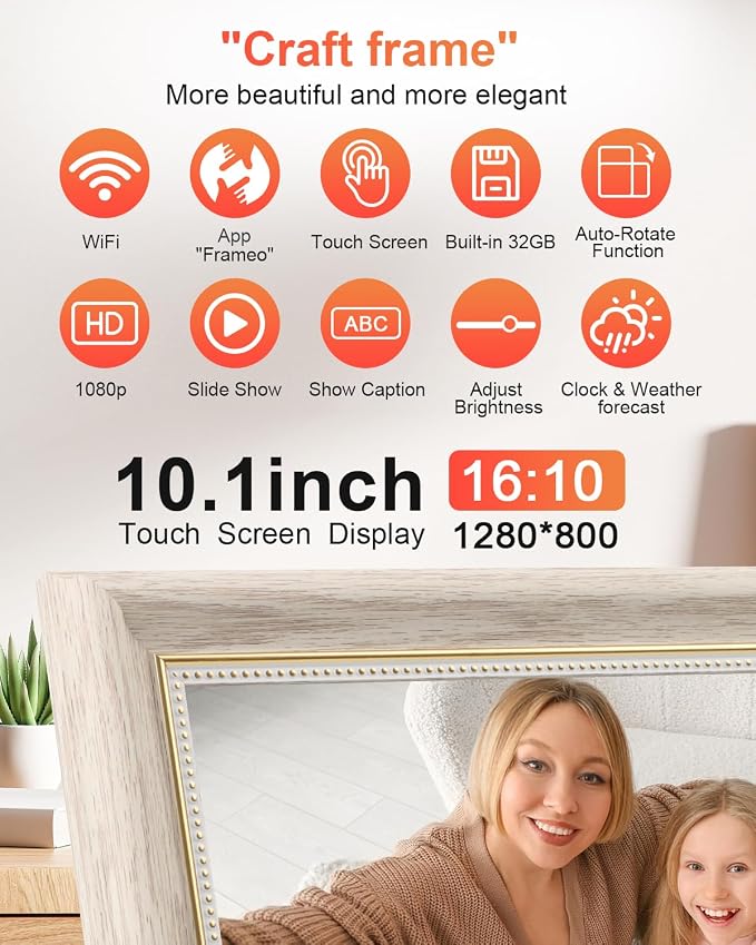 Frameo Digital Frame 10.1 Inch WiFi Digital Photo Frame with 32GB Storage, 1280x800 HD IPS Touch Screen Picture Frames with Frameo APP, Long Distance Realationship Gifts, Elderly Tech-Nordic White