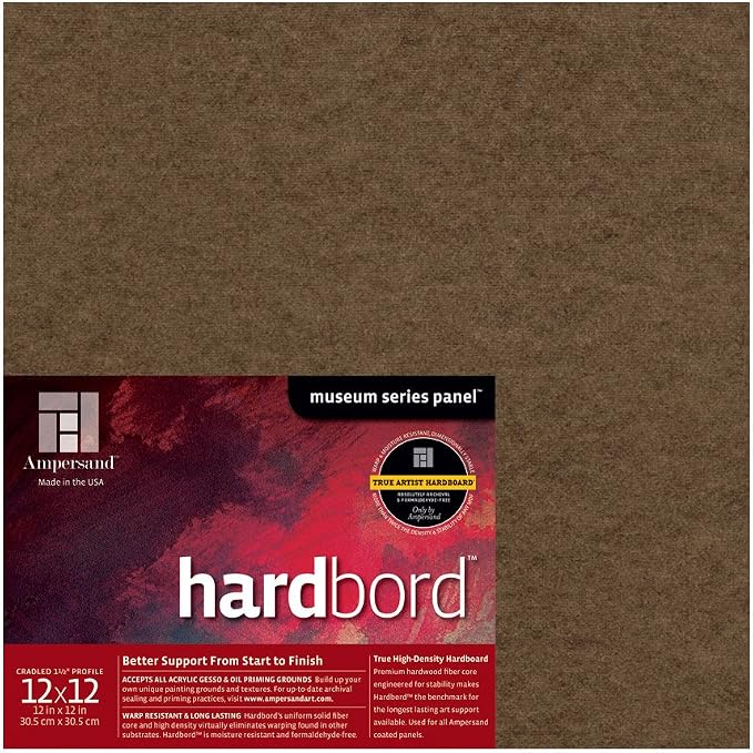 Ampersand Art Supply Hardboard Wood Painting Panel: Museum Series Hardbord, 12" x 12", 1-1/2 Inch Cradled Profile