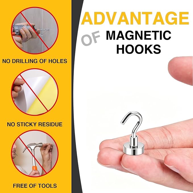 DIYMAG Magnetic Hooks, 30lbs 6pcs Cruise Cabin Essentials Heavy Duty N52 | Strong Neodymium Rare Earth Magnets, for Kitchen, Classroom, Beach, Cruise Cabins, Refrigerator, Hanging Key Clothes Wall Hat