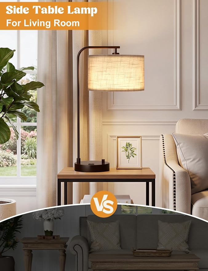 Innqoo Grey Tall Lamp for Bedroom with USB Port and Outlet, Dimmable Nightstand Bedside Lamps with Linen Lampshade, Desk Lamp for Home Office, Living Room, Guest Room, LED Bulb Included