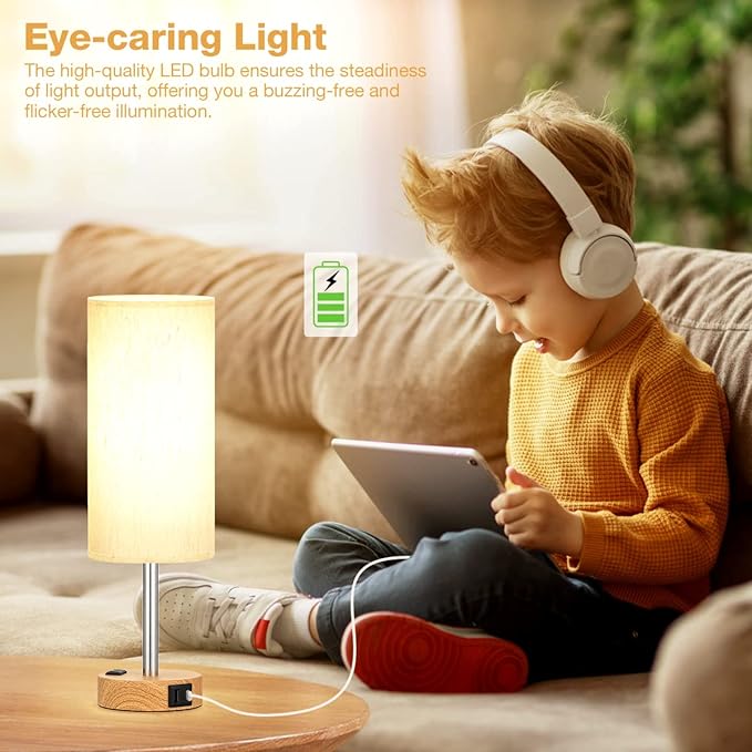 Bedside Table Lamp for Bedroom - Dimmable Touch, USB A+C, AC Outlet | 3-Way Dimmable, LED Bulb Included, Fabric Lampshade, Wood-Grain Metal Base, 14" Small Nightstand Lamp for Desk, Living Room