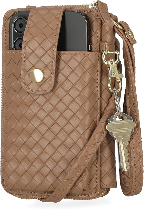 Mundi Jacqui RFID Crossbody Wallet for Women, Vegan Leather Small Travel Handbag with Phone Holder, Compact Organizer with Card Slots and Removable Strap, Vacation Purse in Caramel