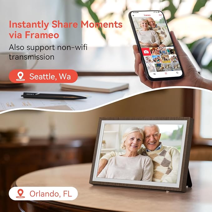 Frameo Wood 10.1 inch Digital Picture Frame, Smart WiFi Digital Photo Frame with 32G Memory, HD Touch Screen, Auto-Rotate, Slideshow, Easy Setup, Share Photos and Videos Anywhere(Brown Wood)
