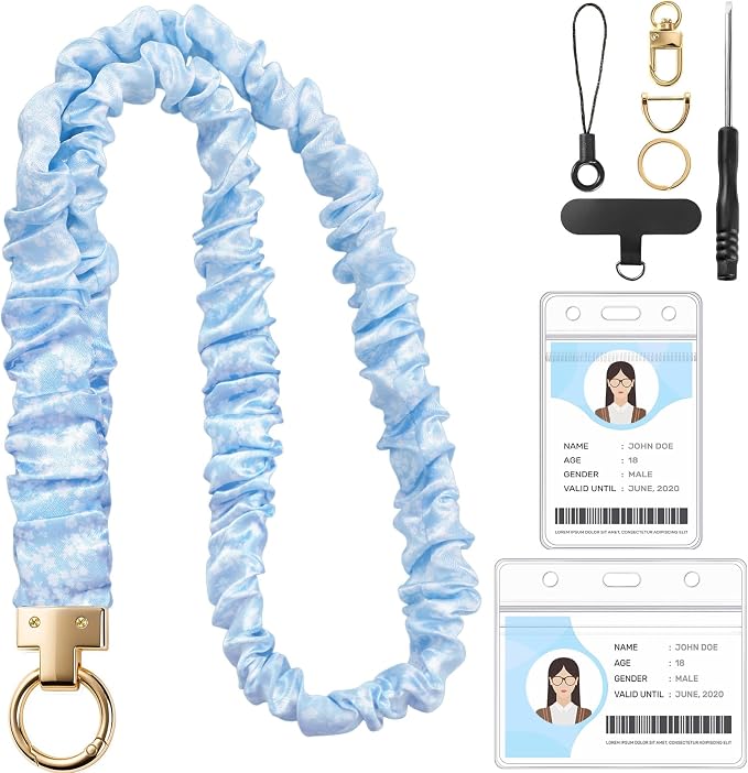 Prudiut Scrunchie Lanyard for ID Badges, Retractable Teacher Lanyards Black Stretchy Scrunchie Lanyard with ID Holder for Women (Blue)