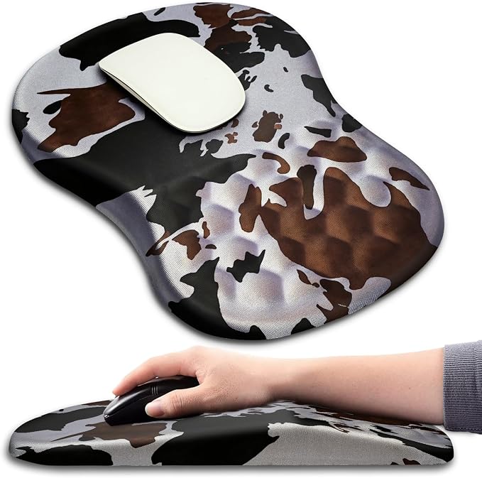 Hokafenle Ergonomic Mouse Pad Wrist Support with Massage Design, Wrist Rest Pain Relief Mousepad with Memory Foam&Non-Slip PU Base, Mouse Pads for Wireless Mouse & Desk (12x8 inch,Cow Print)