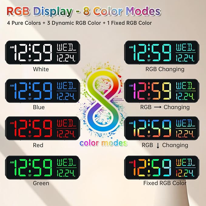 Peakeep Digital Alarm Clock for Bedrooms, Date Day of Week Large Display Numbers 6 Brightness Dimmer, 5 Volume Loud for Heavy Sleepers, 8 RGB Colors Electric Desk Clock Battery Backup, Auto DST