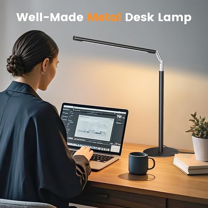 Metal LED Desk Lamp, 16" Dimmable Desk Light with Base, 15W 1200LM, Adapter Included, Color & Brightness Adjustable, Modern Tall Table Lamp for Home Office Reading Study Task Laptop, Black