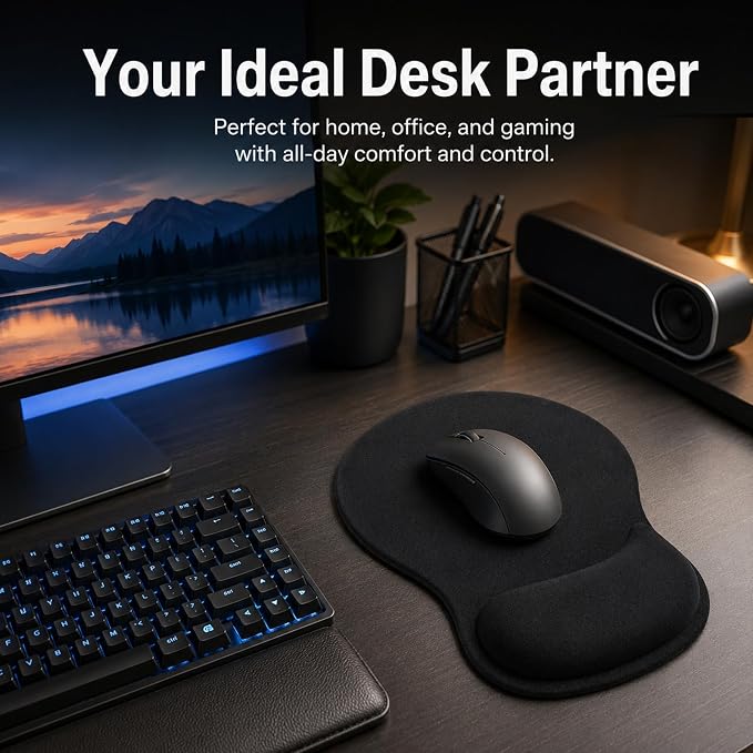 Mouse Pad with Wrist Rest Ergonomic Memory Foam Support, Non-Slip Rubber Base, Comfortable Typing Cushion for Home Office Computer Laptop, Black