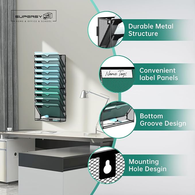 11-Tier Wall File Organizer, Hanging File Holder, Wall Mounted Mail Sorter | Metal Mesh Hanging File Organizer with Open Compartments and Label Panels for Papers and Folders at Home, Office or School