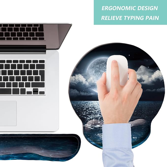 Keyboard Wrist Rest Pad Mouse Pad with Wrist Support Set of 3, Mousepad with Non-Slip Rubber Base, Ergonomic Memory Foam Mouse Wrist Cushion Support for Home Office Laptop Computer, Moonlit Night