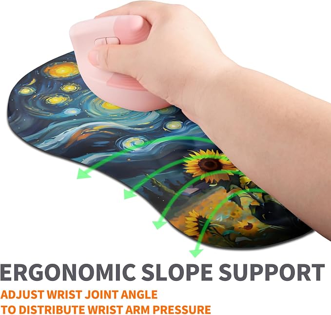 Ergonomic Joint Wrist Support Mouse Pad with Memory Foam Cushion Massage Bump, Carpal Tunnel Pain Relief Mousepad Slope Design for Wrist Rest, 11.8x7.9 in, Sunflower